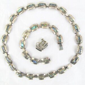 Vintage Mexico Taxco Abalone Sterling Silver 3 piece jewelry suite, necklace
